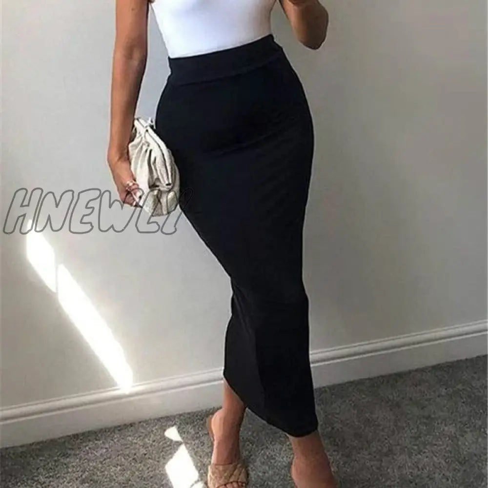 Hnewly Skinny Brown Black Street Elastic Skirts Party Nitgt Club High Waist Midi Sexy Bodycon Slim