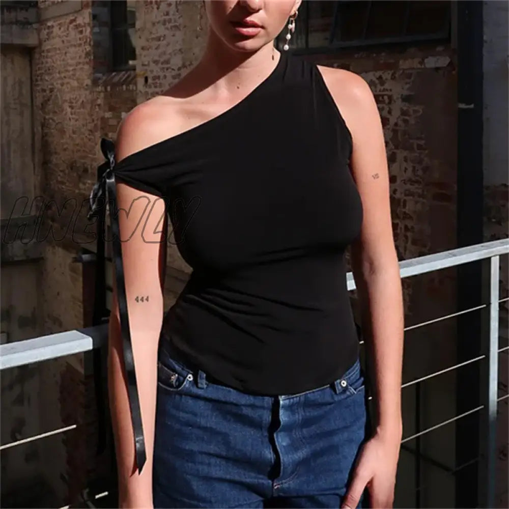 Hnewly Slash Neck Lace Up Slim Fit Cropped Tops Women Y2K Bow Strappy T-Shirt Clubwear Vintage Tank