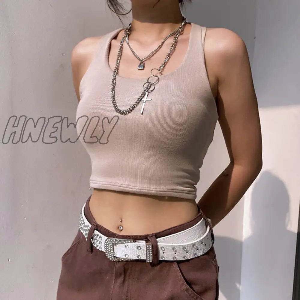 Hnewly Sleeveless Rib Knit White Casual Tank Top Women’s Summer Fitness Slim Cotton Crop Tops