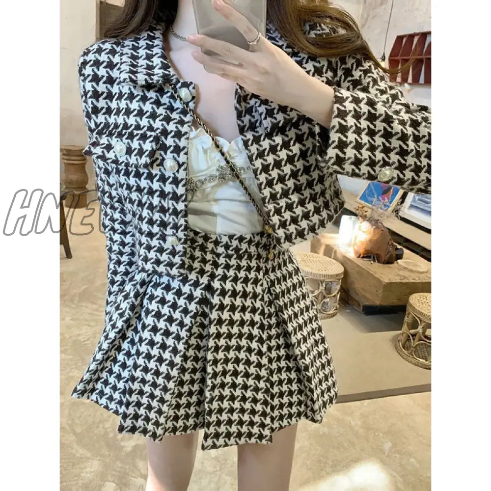 Hnewly Small Fragrance Style Elegant Tweed 2 Piece Set Women Vintage Houndstooth Cropped Jacket +