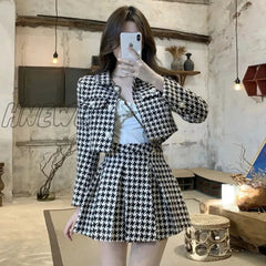 Hnewly Small Fragrance Style Elegant Tweed 2 Piece Set Women Vintage Houndstooth Cropped Jacket +