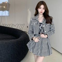 Hnewly Small Fragrance Style Elegant Tweed 2 Piece Set Women Vintage Houndstooth Cropped Jacket +