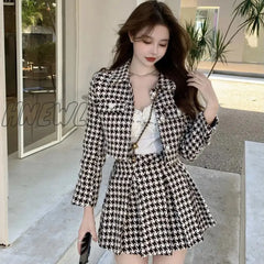 Hnewly Small Fragrance Style Elegant Tweed 2 Piece Set Women Vintage Houndstooth Cropped Jacket +