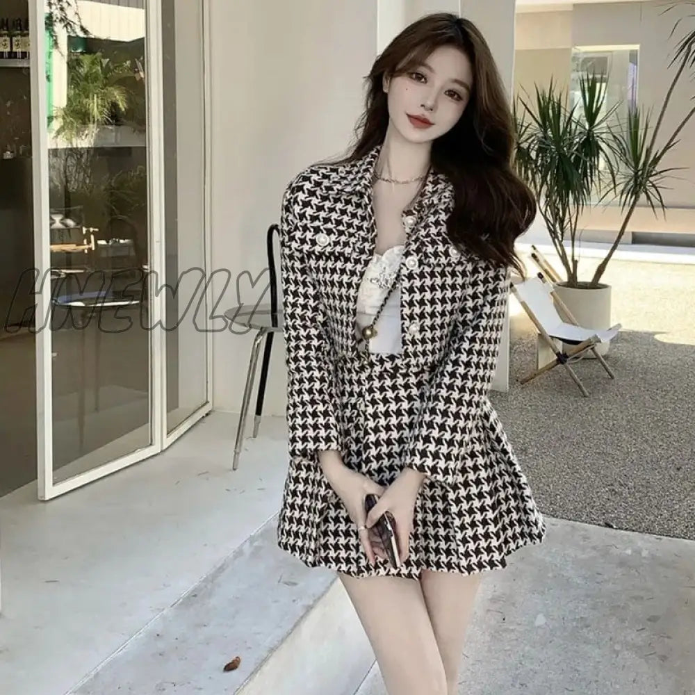 Hnewly Small Fragrance Style Elegant Tweed 2 Piece Set Women Vintage Houndstooth Cropped Jacket +