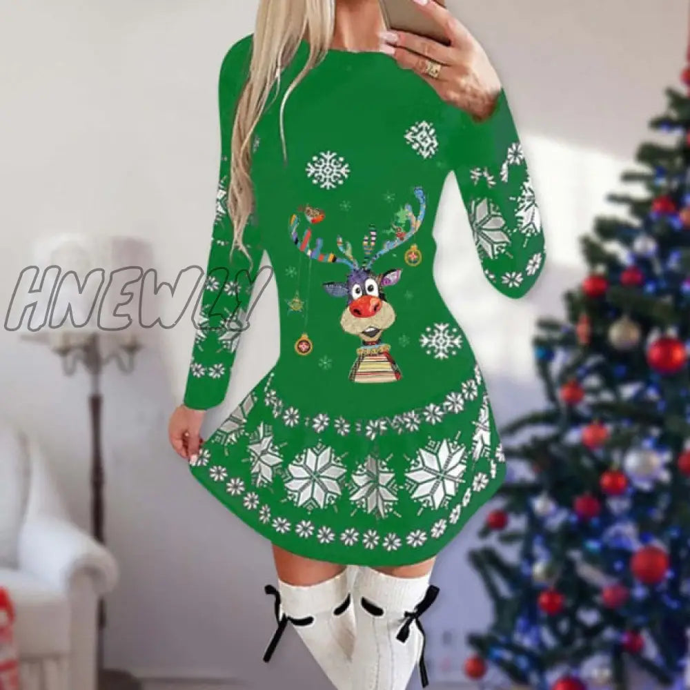 Hnewly Snowflake Deer Print Christmas Dress Women O - Neck Long Sleeve Autumn Winter Casual Cute