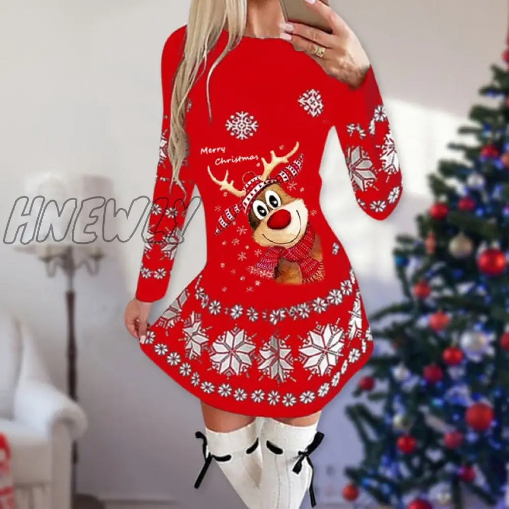 Hnewly Snowflake Deer Print Christmas Dress Women O - Neck Long Sleeve Autumn Winter Casual Cute