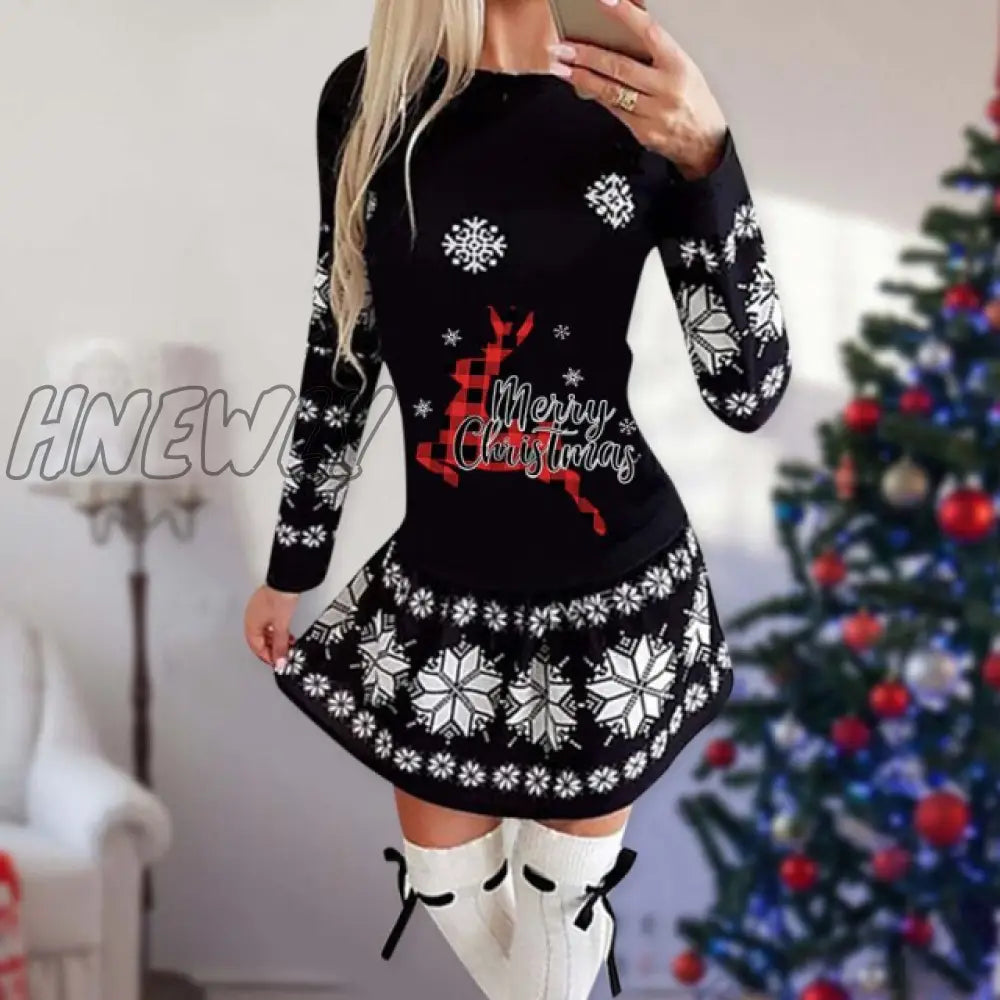 Hnewly Snowflake Deer Print Christmas Dress Women O - Neck Long Sleeve Autumn Winter Casual Cute