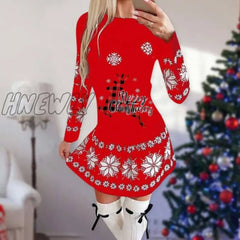 Hnewly Snowflake Deer Print Christmas Dress Women O - Neck Long Sleeve Autumn Winter Casual Cute