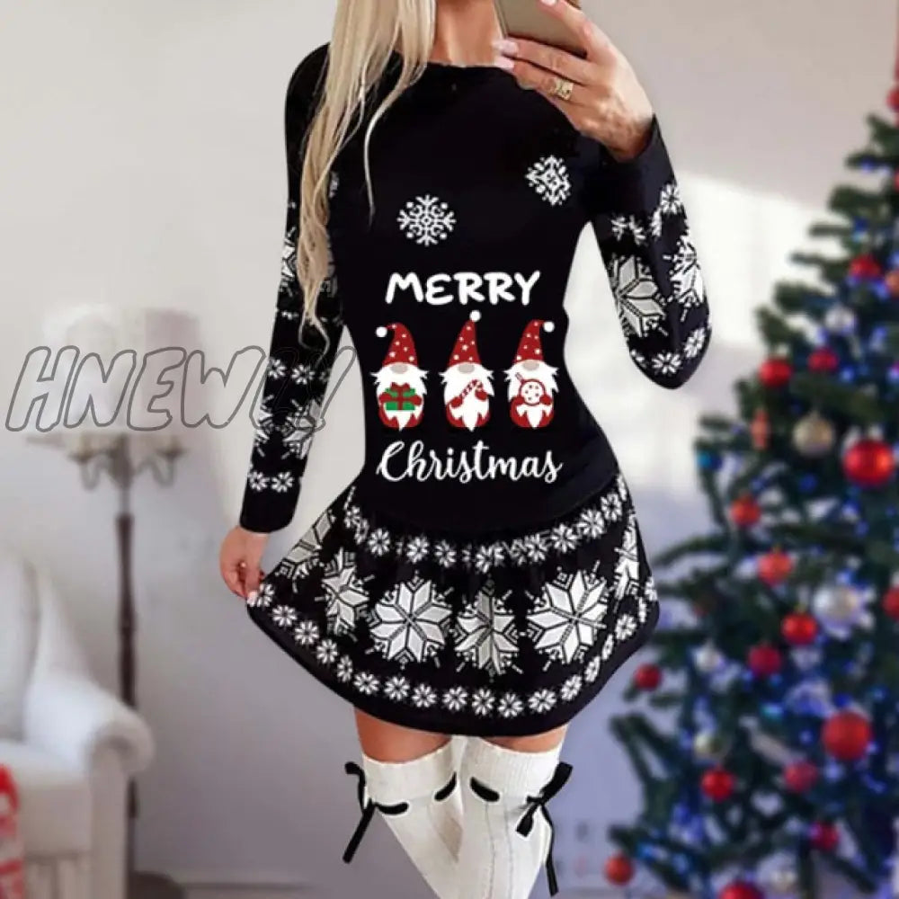 Hnewly Snowflake Deer Print Christmas Dress Women O - Neck Long Sleeve Autumn Winter Casual Cute