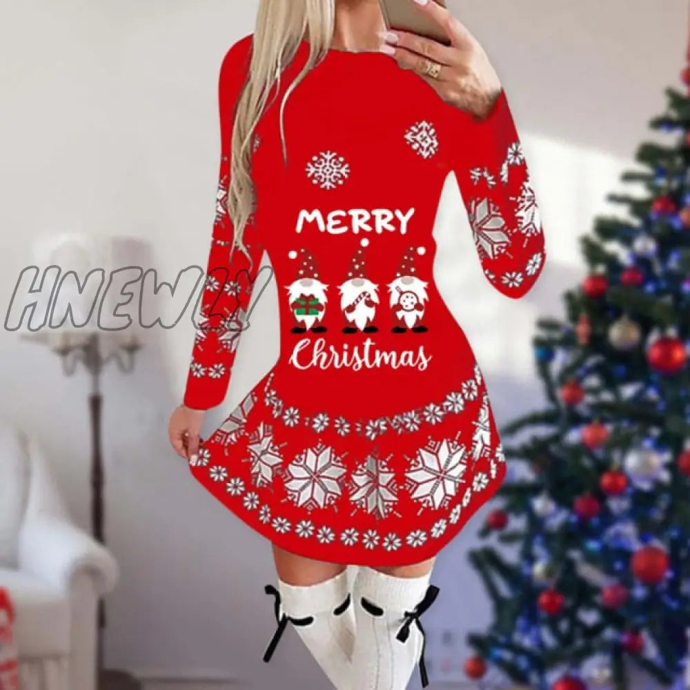 Hnewly Snowflake Deer Print Christmas Dress Women O - Neck Long Sleeve Autumn Winter Casual Cute