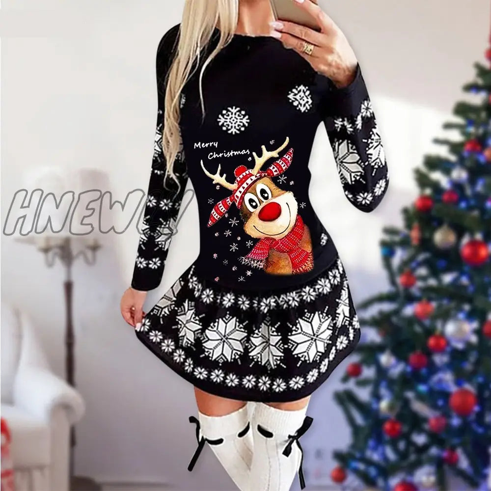 Hnewly Snowflake Deer Print Christmas Dress Women O - Neck Long Sleeve Autumn Winter Casual Cute