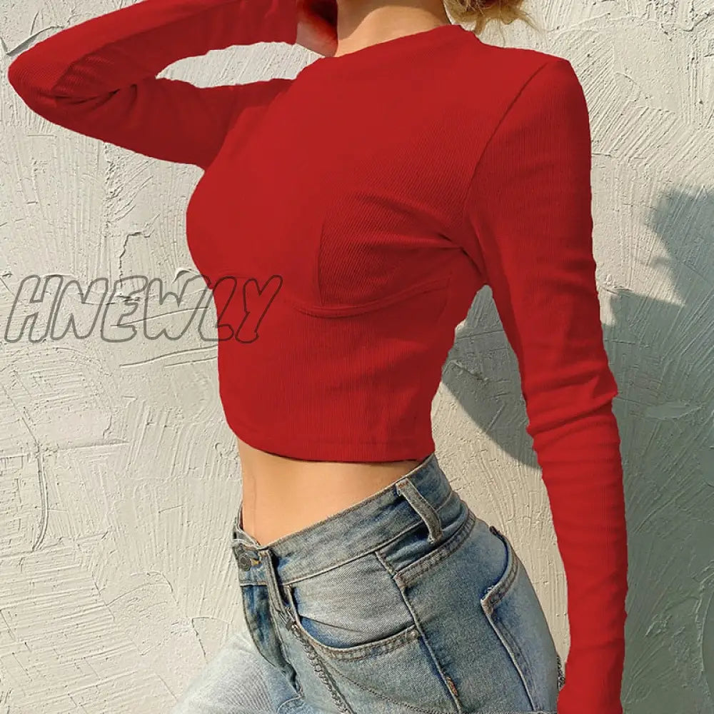 Hnewly Soild Female Tshirt Knit Long Sleeve White Wild T Shirt Casual Fashion Tee Club Simple Women