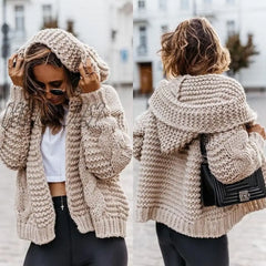 Hnewly Solid Cardigan Knitted Outerwear Casual Winter Fashionable Hooded Sweaters Women Knitwears