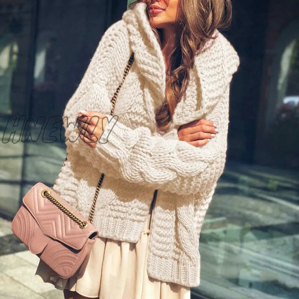 Hnewly Solid Cardigan Knitted Outerwear Casual Winter Fashionable Hooded Sweaters Women Knitwears