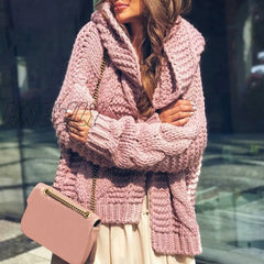 Hnewly Solid Cardigan Knitted Outerwear Casual Winter Fashionable Hooded Sweaters Women Knitwears