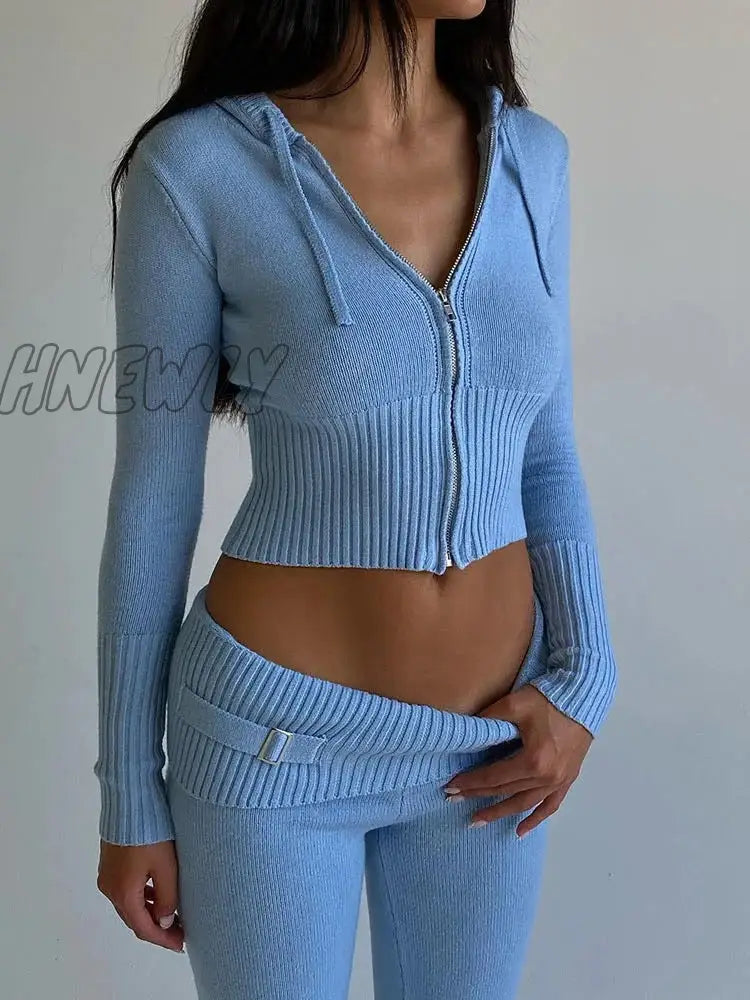 Hnewly Solid Knitted 2 Piece Sets Women Tracksuit Long Sleeve Zipper Hooded Sweater Jackets Crop