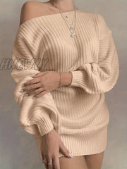 Hnewly Solid Off Shoulder Knitted Dress Casual Long Sleeve Sweater For Fall & Winter Women’s