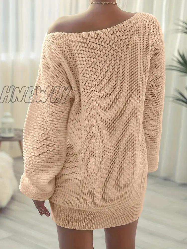 Hnewly Solid Off Shoulder Knitted Dress Casual Long Sleeve Sweater For Fall & Winter Women’s