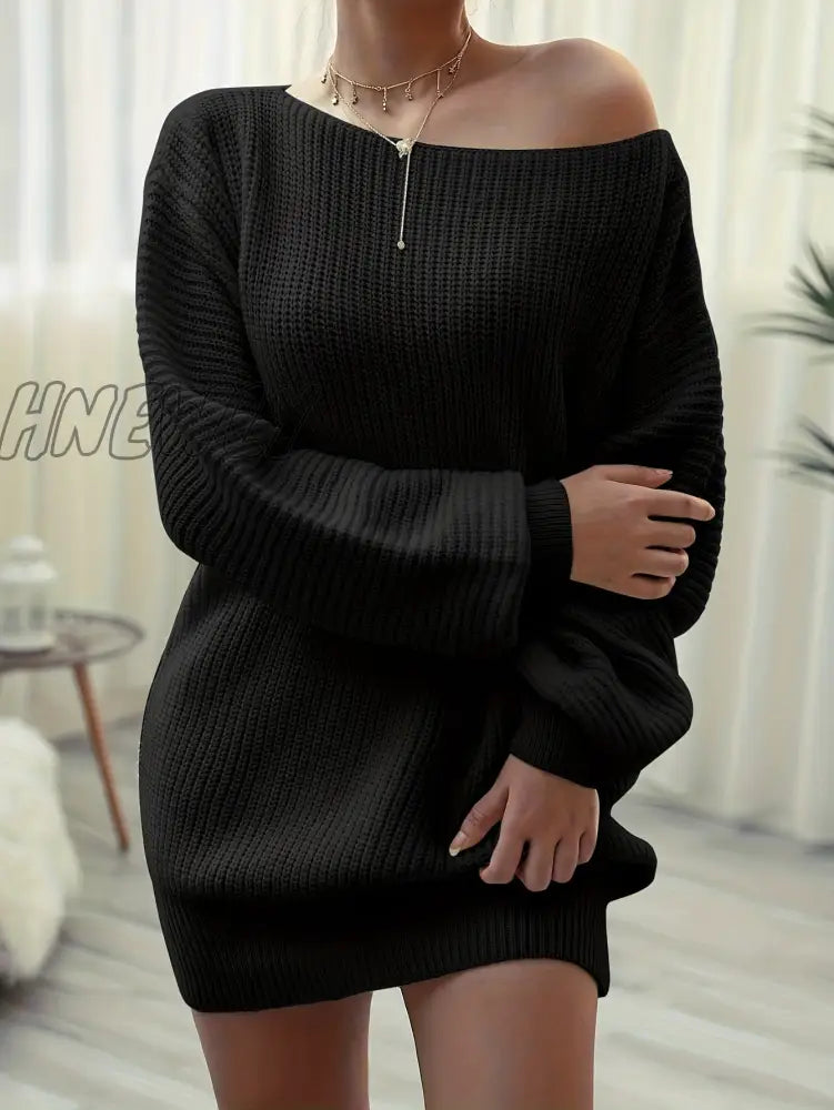 Hnewly Solid Off Shoulder Knitted Dress Casual Long Sleeve Sweater For Fall & Winter Women’s