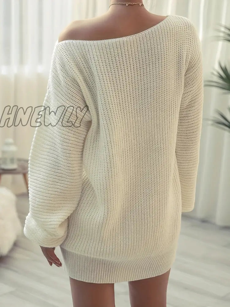 Hnewly Solid Off Shoulder Knitted Dress Casual Long Sleeve Sweater For Fall & Winter Women’s