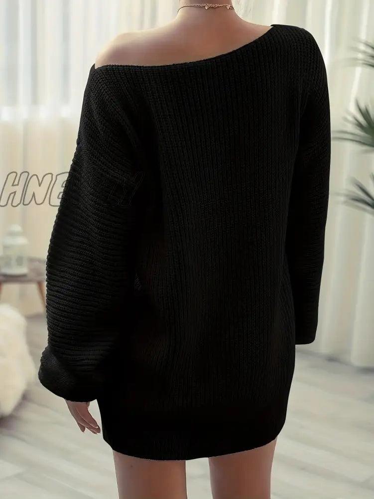 Hnewly Solid Off Shoulder Knitted Dress Casual Long Sleeve Sweater For Fall & Winter Women’s