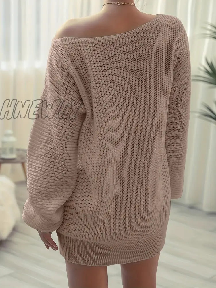 Hnewly Solid Off Shoulder Knitted Dress Casual Long Sleeve Sweater For Fall & Winter Women’s