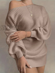 Hnewly Solid Off Shoulder Knitted Dress Casual Long Sleeve Sweater For Fall & Winter Women’s