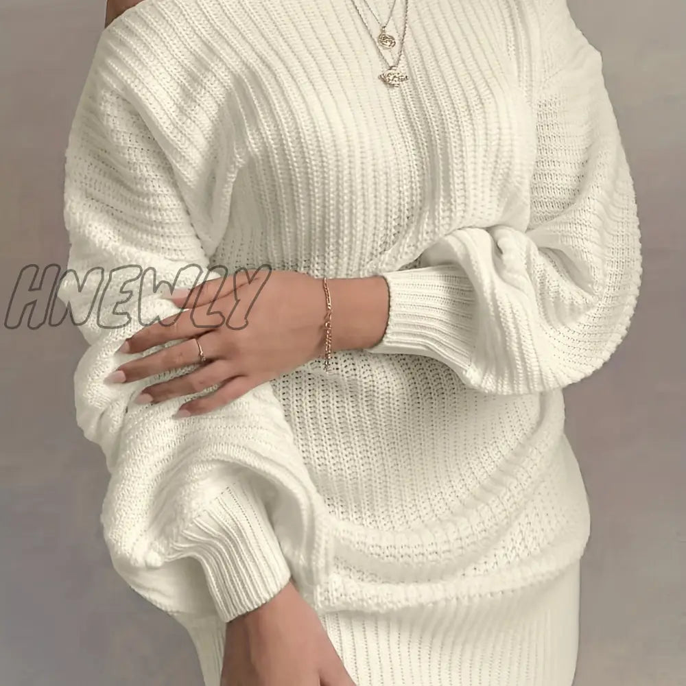 Hnewly Solid Off Shoulder Knitted Dress Casual Long Sleeve Sweater For Fall & Winter Women’s