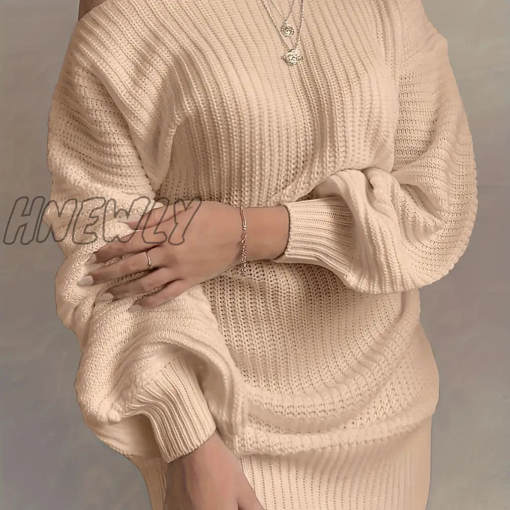 Hnewly Solid Off Shoulder Knitted Dress Casual Long Sleeve Sweater For Fall & Winter Women’s