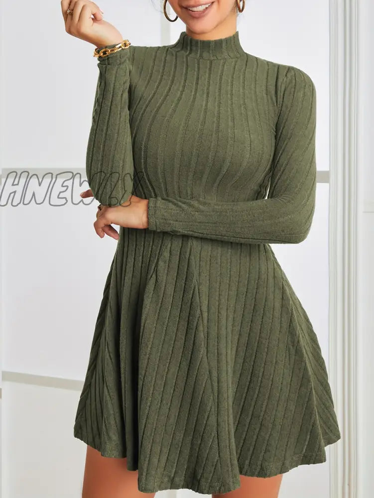 Hnewly Solid Ribbed Dress Casual Mock Neck Long Sleeve Women’s Clothing