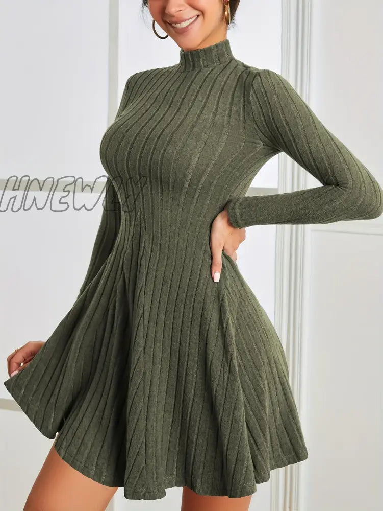 Hnewly Solid Ribbed Dress Casual Mock Neck Long Sleeve Women’s Clothing