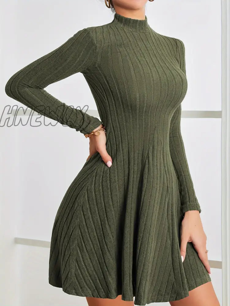 Hnewly Solid Ribbed Dress Casual Mock Neck Long Sleeve Women’s Clothing