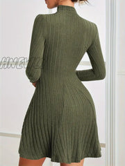 Hnewly Solid Ribbed Dress Casual Mock Neck Long Sleeve Women’s Clothing