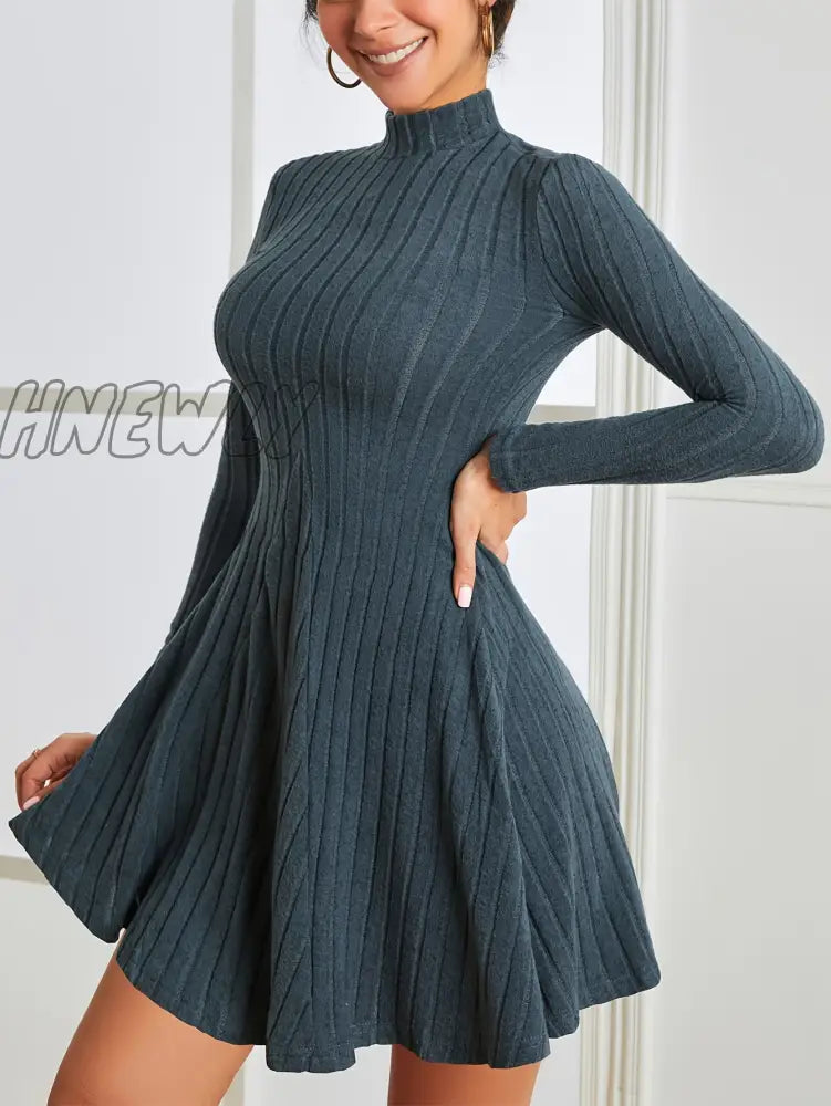 Hnewly Solid Ribbed Dress Casual Mock Neck Long Sleeve Women’s Clothing