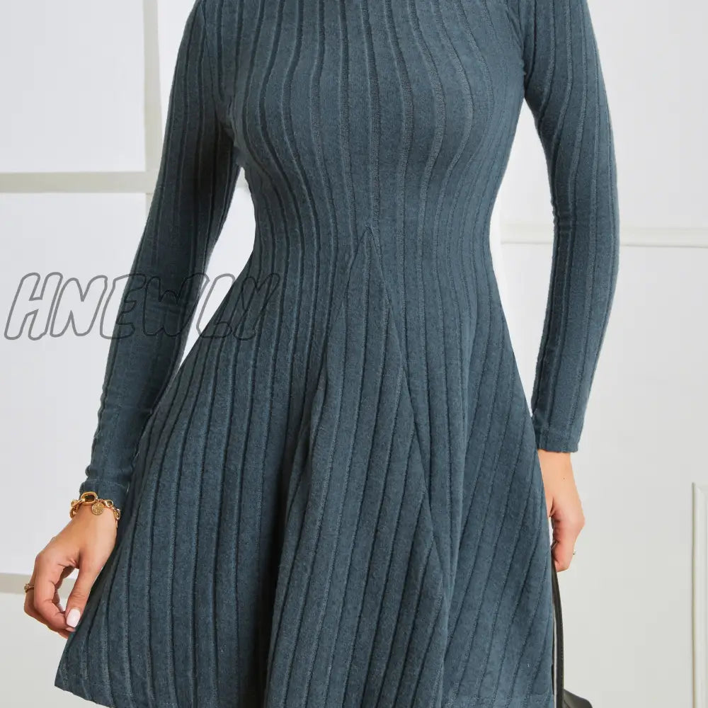 Hnewly Solid Ribbed Dress Casual Mock Neck Long Sleeve Women’s Clothing Blue / S(4)