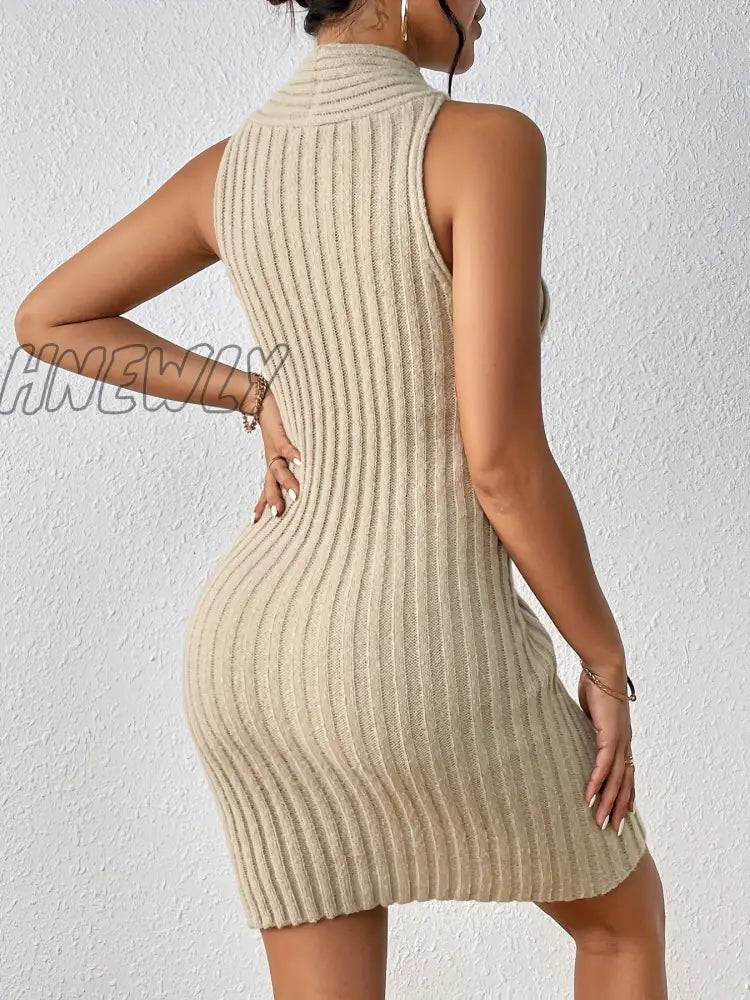 Hnewly Solid Ribbed Sweater Dress Sexy Cut Out Sleeveless Bodycon Women’s Clothing