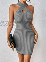 Hnewly Solid Ribbed Sweater Dress Sexy Cut Out Sleeveless Bodycon Women’s Clothing