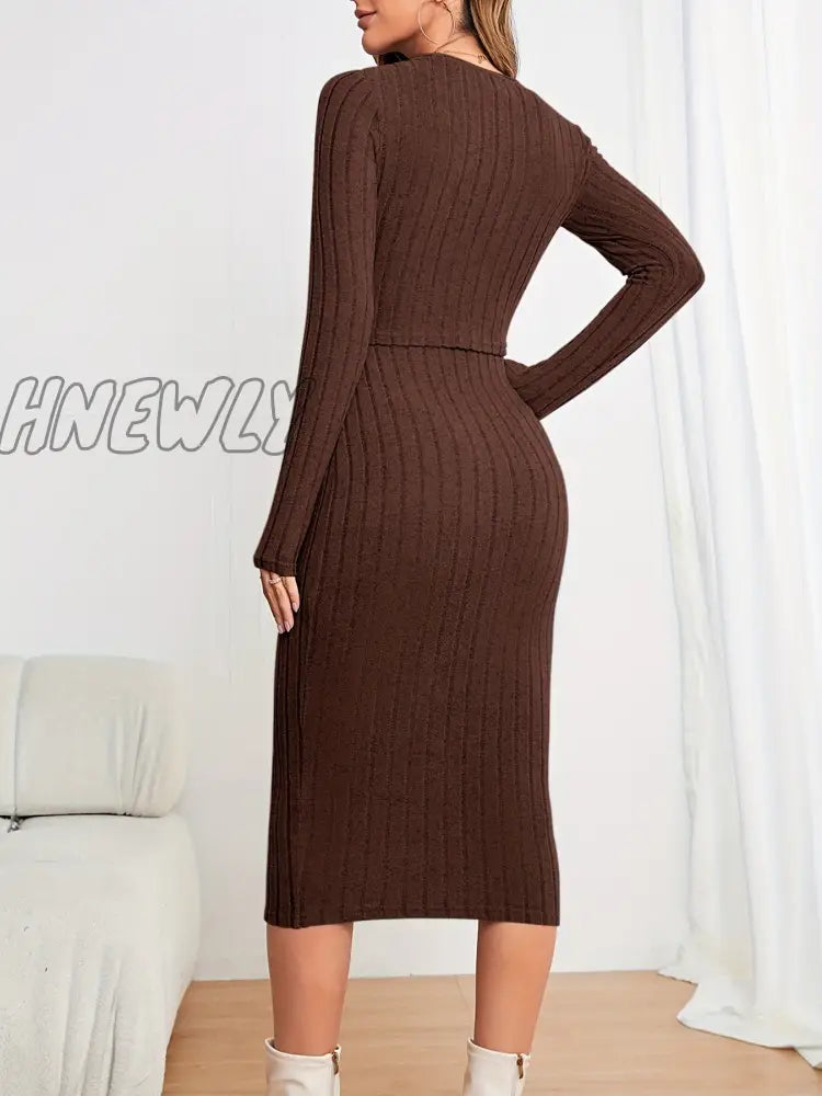 Hnewly Solid Ribbed Two-Piece Set Button Front Long Sleeve Cardigan & Sleeveless Bodycon Dress