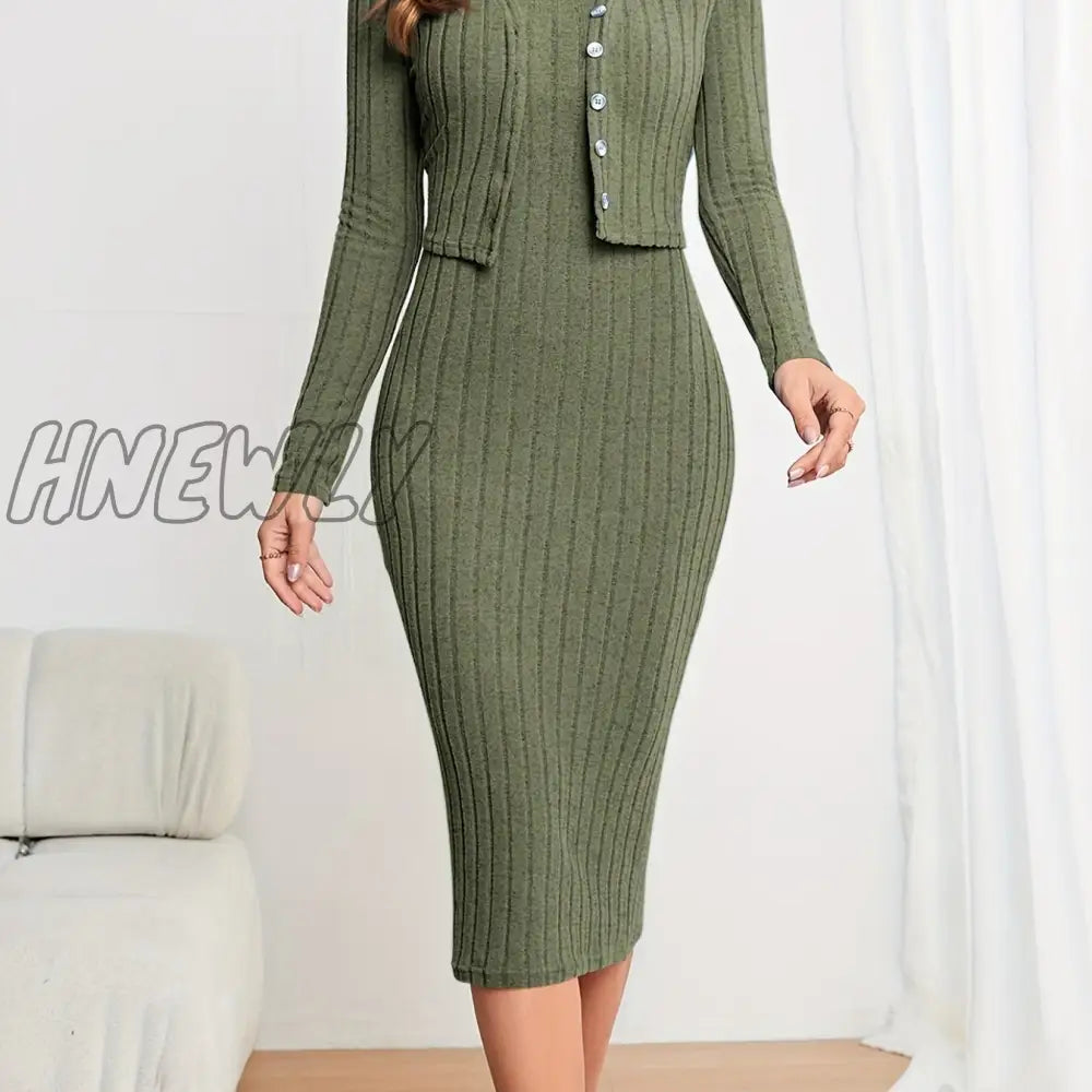 Hnewly Solid Ribbed Two-Piece Set Button Front Long Sleeve Cardigan & Sleeveless Bodycon Dress