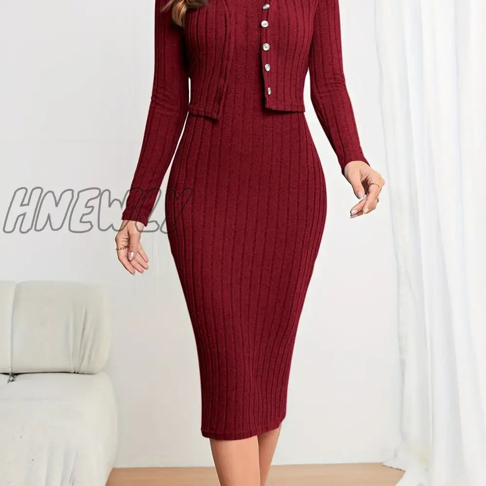 Hnewly Solid Ribbed Two-Piece Set Button Front Long Sleeve Cardigan & Sleeveless Bodycon Dress