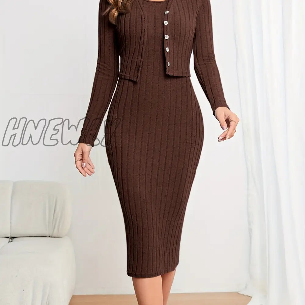 Hnewly Solid Ribbed Two-Piece Set Button Front Long Sleeve Cardigan & Sleeveless Bodycon Dress