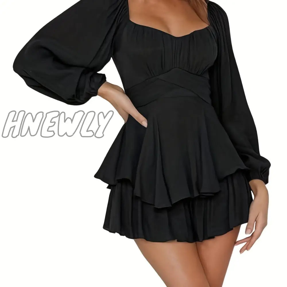 Hnewly Solid Ruffle Trim Dress Elegant Layered Long Sleeve Tie Back Women’s Clothing Black / Xs(2)