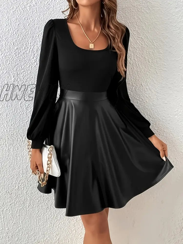 Hnewly Solid Scoop Neck Mini Dress Casual Long Sleeve Slim Women’s Clothing