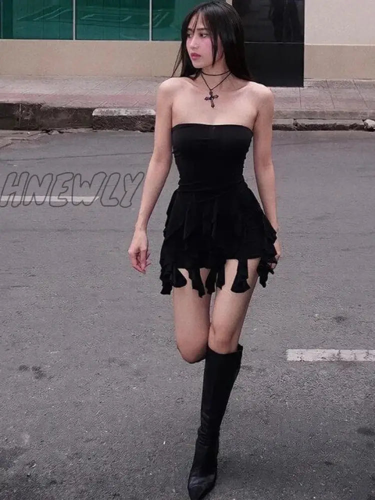 Hnewly Solid Strapless Ruffles Tassel Elegant Sexy Slim Mini Prom Dress Summer Women Y2K Outfit