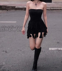 Hnewly Solid Strapless Ruffles Tassel Elegant Sexy Slim Mini Prom Dress Summer Women Y2K Outfit