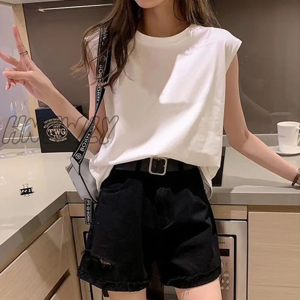 Hnewly Solid Women T Shirt Sleeveless O Neck Loose Tshirt Ladies Fashion Tee Tops Clothes