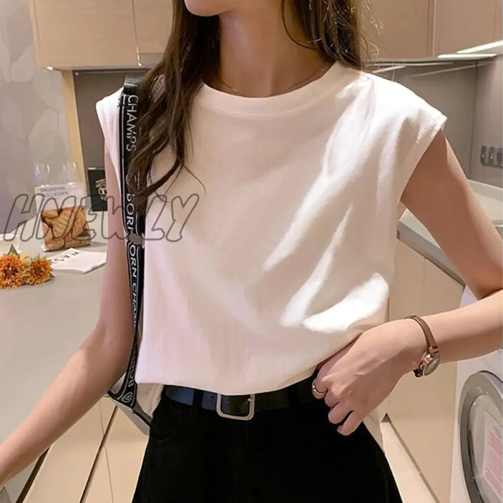 Hnewly Solid Women T Shirt Sleeveless O Neck Loose Tshirt Ladies Fashion Tee Tops Clothes