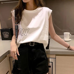 Hnewly Solid Women T Shirt Sleeveless O Neck Loose Tshirt Ladies Fashion Tee Tops Clothes