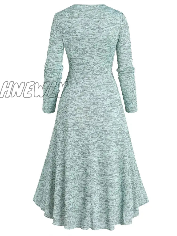 Hnewly Space Dye Mock Button Cinched Flounce Long Sleeve High Low Midi Dress Dip Hem Casual Autumn