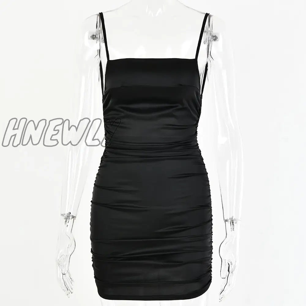 Hnewly Spaghetti Strap Mini Satin Dress Women Sexy Backless Cross Bandage Bodycon Party Pleated